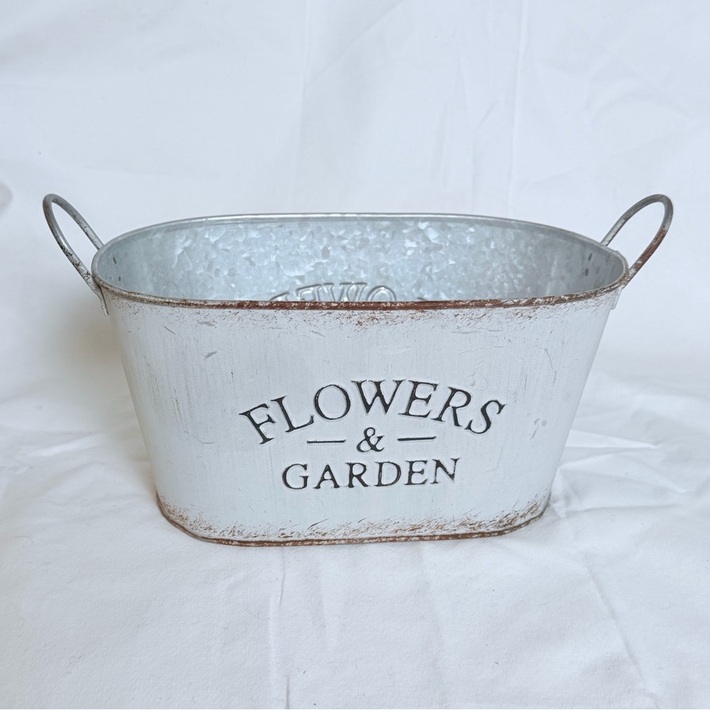 Rustic Galvanized Metal “Flowers & Garden” Oval Planter Bucket - Picture 3 of 10